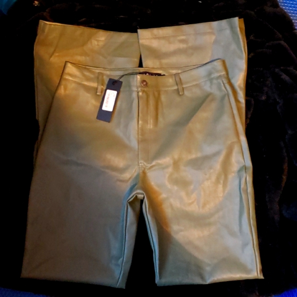 NWT Motel Faux Leather Olive Green Flair Pants